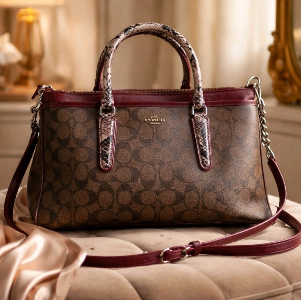 Coach Christie Carryall in Signature Canvas with Snakeskin-embossed leather trim